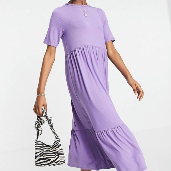 ASOS tiered smock t-shirt midi maxi cotton boho dress purple ash short sleeve -6 - Picture 1 of 16